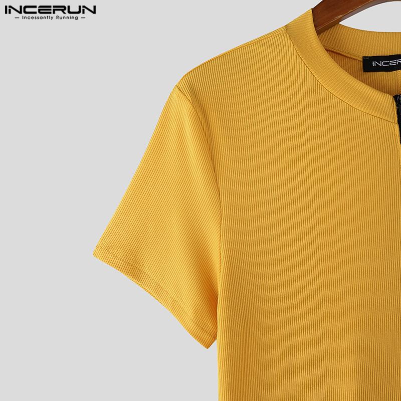 INCERUN Men Round Neck Short Sleeve Rib Fitted Casual T-shirts Tops Undershirts