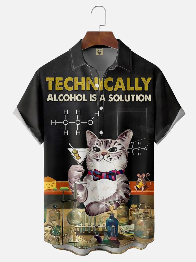 Retro Men's Short Sleeve Shirt Summer New Casual Fun Hawaiian Ukiyoe Kitten Fishing Shark Print Lapel Short Sleeve Shirt