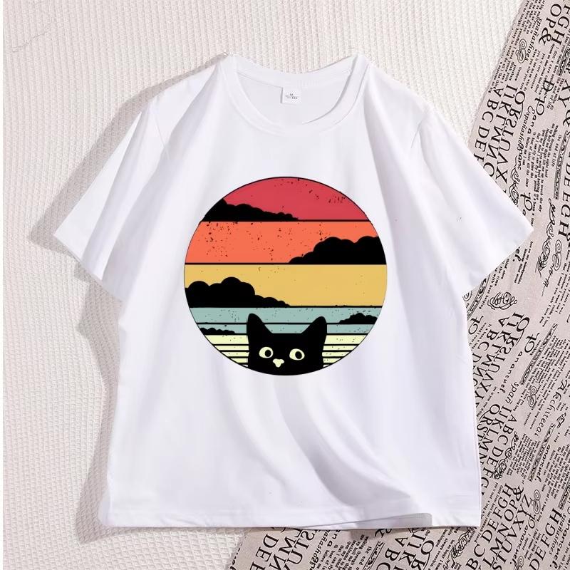 Black Cat Sunset T Shirt Vintage Graphic Unisex T Shirt Cool Streetwear Women Tshirts Casual High Quality Cotton Y2k Clothes Top