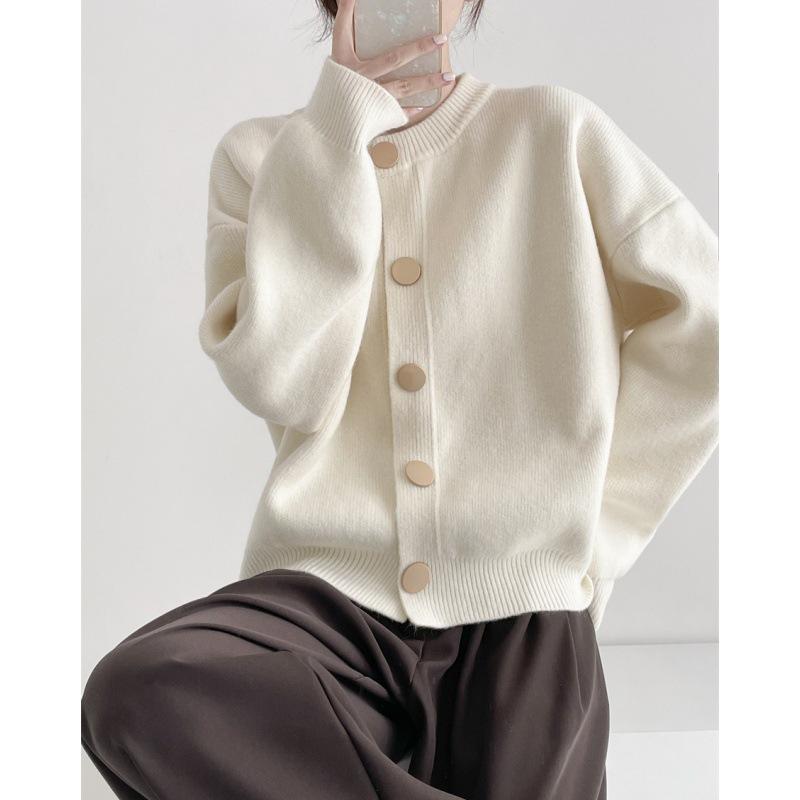 Design-Sense Einfarbiger Strickcardigan - Lockerer Rundhalsausschnitt, Einreiher, Vielseitig für Herbst/Winter 2024