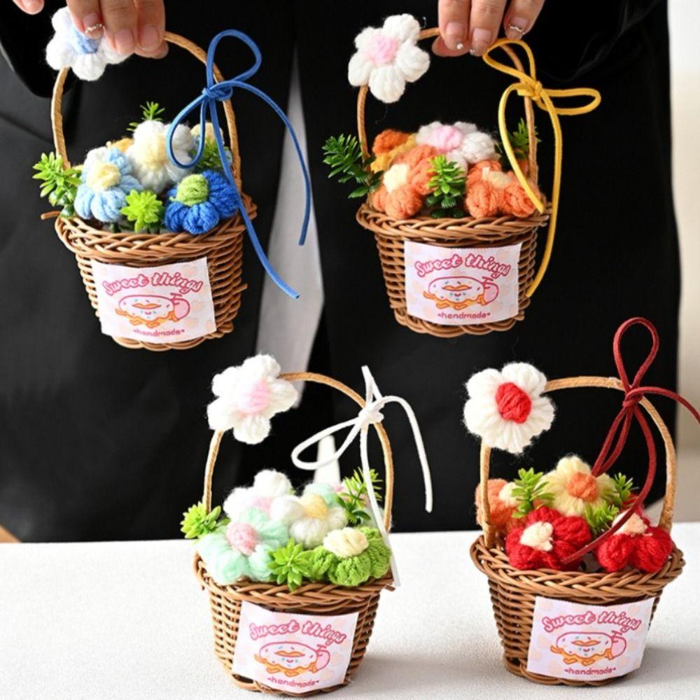 Home Decor Knitted Flower Basket Gift Basketed Crochet Flowers Crochet Flower Bouquet  Mother's Day