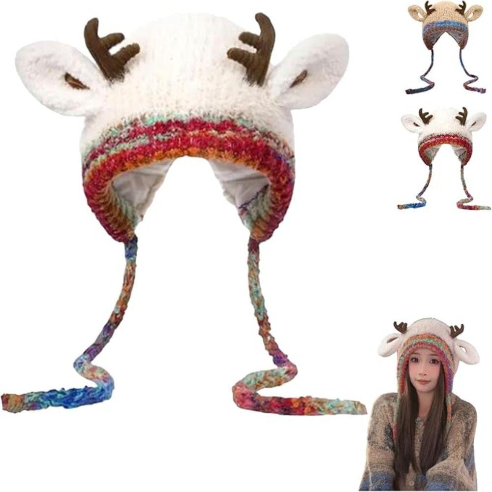 New Fur Deer Storage Hat Windproof Warm Knitted Deer Antler Hat Ear Protection Elastic Earmuffs Hat Winter