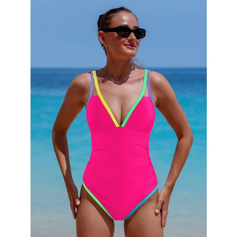 Women S Deep V Neck Sleeveless One Piece Swimsuit With Tie Side Solid Color Contrast Binding
