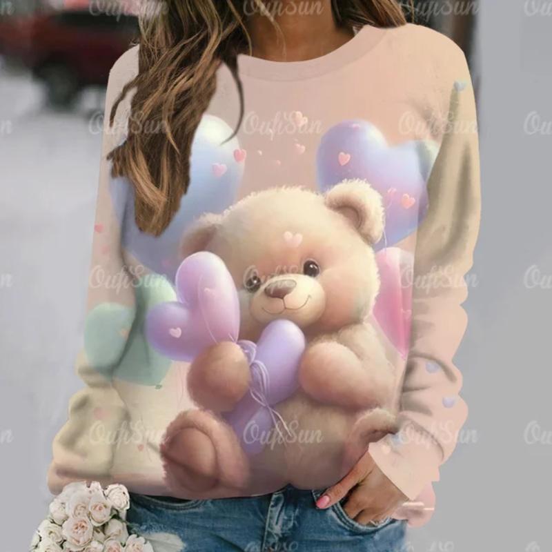 Cute Bear Women's Hoodie Casual O Neck Long Sleeve Pullover Tops 2024 New T-Shirt for Women Streetwear Fashion Women T Shirt Tee