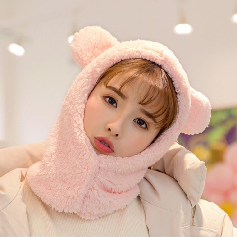 Cute Winter Warm Hedging Cap Cartoon Plush Hat Scarf Casual Bear Ear Hat Scarf  Autumn