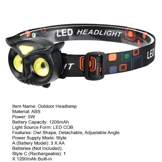 Owl Shape LED Headlamp Type-C Fast Charging Flashlight Head Torch Detachable Lightweight Headlight Outdoor Camping Head Lamp
