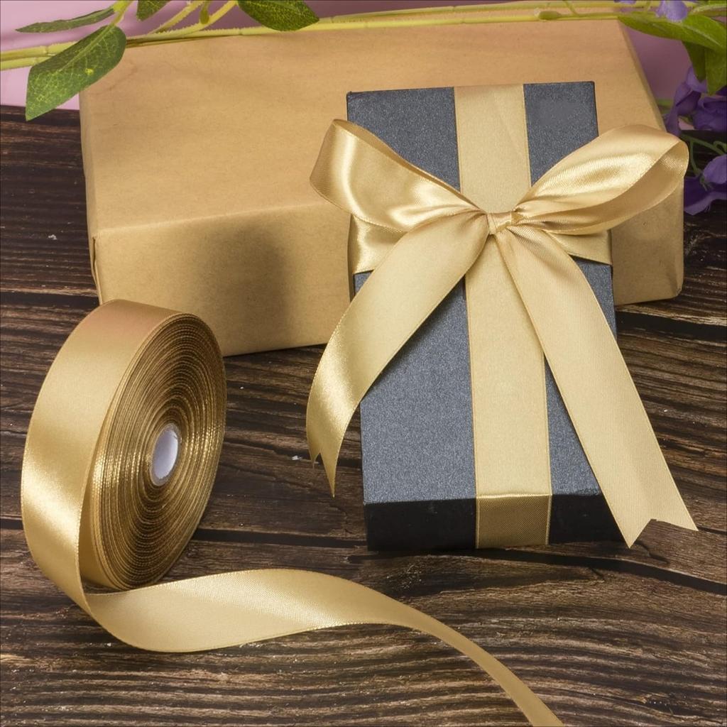 1 Roll Champagne Golden Satin Ribbon - Luxury Glossy Gift Wrap Ribbon for Wedding, Birthday,Wedding Bouquets, Webbing Strap