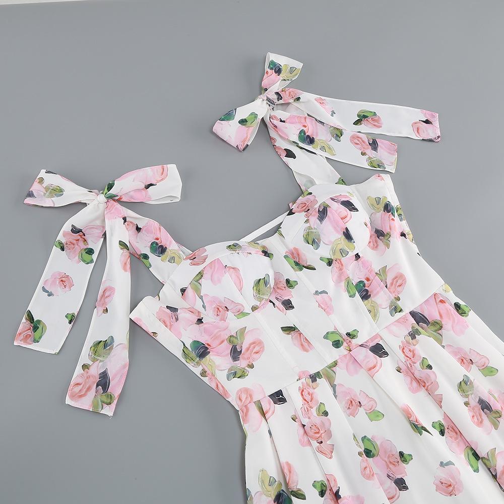 Elegant Print Swing Midi Dress with Shoulder Straps - Women's Banquet Attire