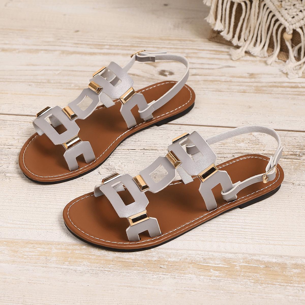 

Fashion 2025 Round Toe Leather Ladies Sandals Flat Casual Beach Shoes Comfortable Footwear Metal Decoration for Women Fashion Size 43 36 світло-фіолетового кольору