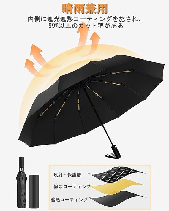 THYEGN Faltbarer 24-Zoll-Doppel-Automatik-Super-Wasser-Taifun-Regenzeit-Wind-UV-Regenschirm für sonnige und regnerische Tage, inklusive Regenschirmabdeckung, gerippt,