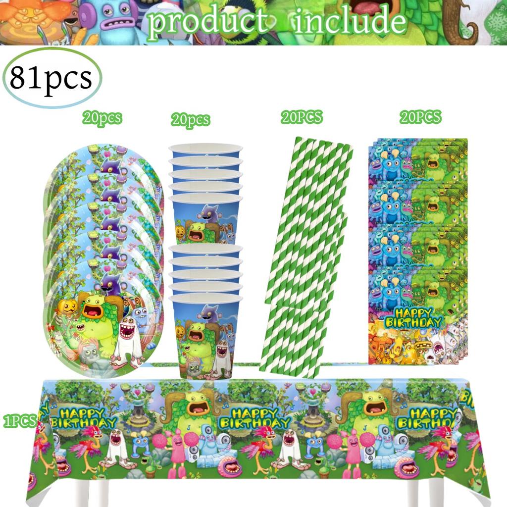 My Singing Monsters Födelsedagsdekorationer 20 personer Engångsservis Duk Tallrik Baby Shower Barnpresent Gåva Pojkfest Tillbehör