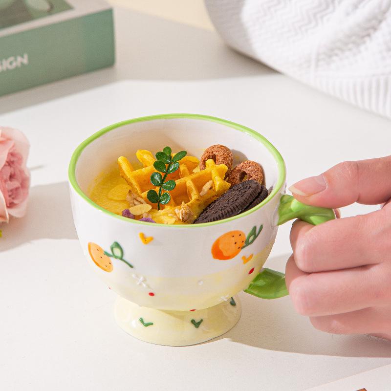 Hand-Painted Relief Ceramic Water Cup Home Breakfast Cup Cute Mug Coffee Cup Creative Oat Cup Milk Cup