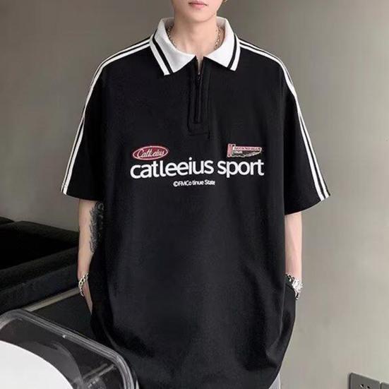 Unisex T-shirt Men Women Striped Letter Decoration Lapel Short Sleeve T-Shirt Casual Loose