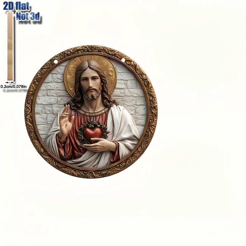 2D Flat Sacred Heart of Jesus Themed Round Wooden Plaque,Classic Style Home Decor for Living Room or Office,Life Wooden Decor for Bedroom Living