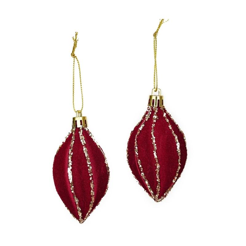 Wine Red Christmas Decorations with Soft-Looking Textured Finish, Gold Trim, and Hanging String for Holiday Tree and Porches