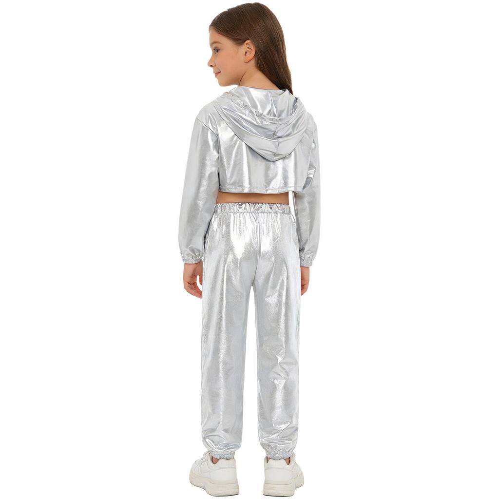 Girls Hip Hop Jazz Dance Costume 3 Piece Set Metallic Cropped Hoodie Sleeveless Keyhole Back Vest Pants