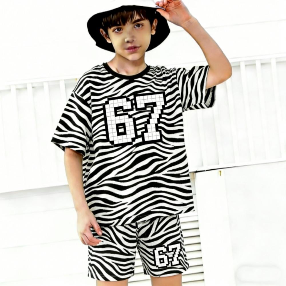 Fashion Number 67 Zebra Colored Printed Men's T-shirt and Shorts 2 Piece Set Summer Casual Outfit for Men's and Women's Clothing Top