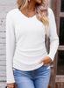 Women's V Neck Long Sleeve Knit Top Ruched Side Solid Color Textured Casual Basic T Shirt Fall Fashion Blouse