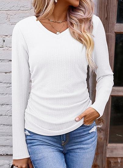 Women's V Neck Long Sleeve Knit Top Ruched Side Solid Color Textured Casual Basic T Shirt Fall Fashion Blouse