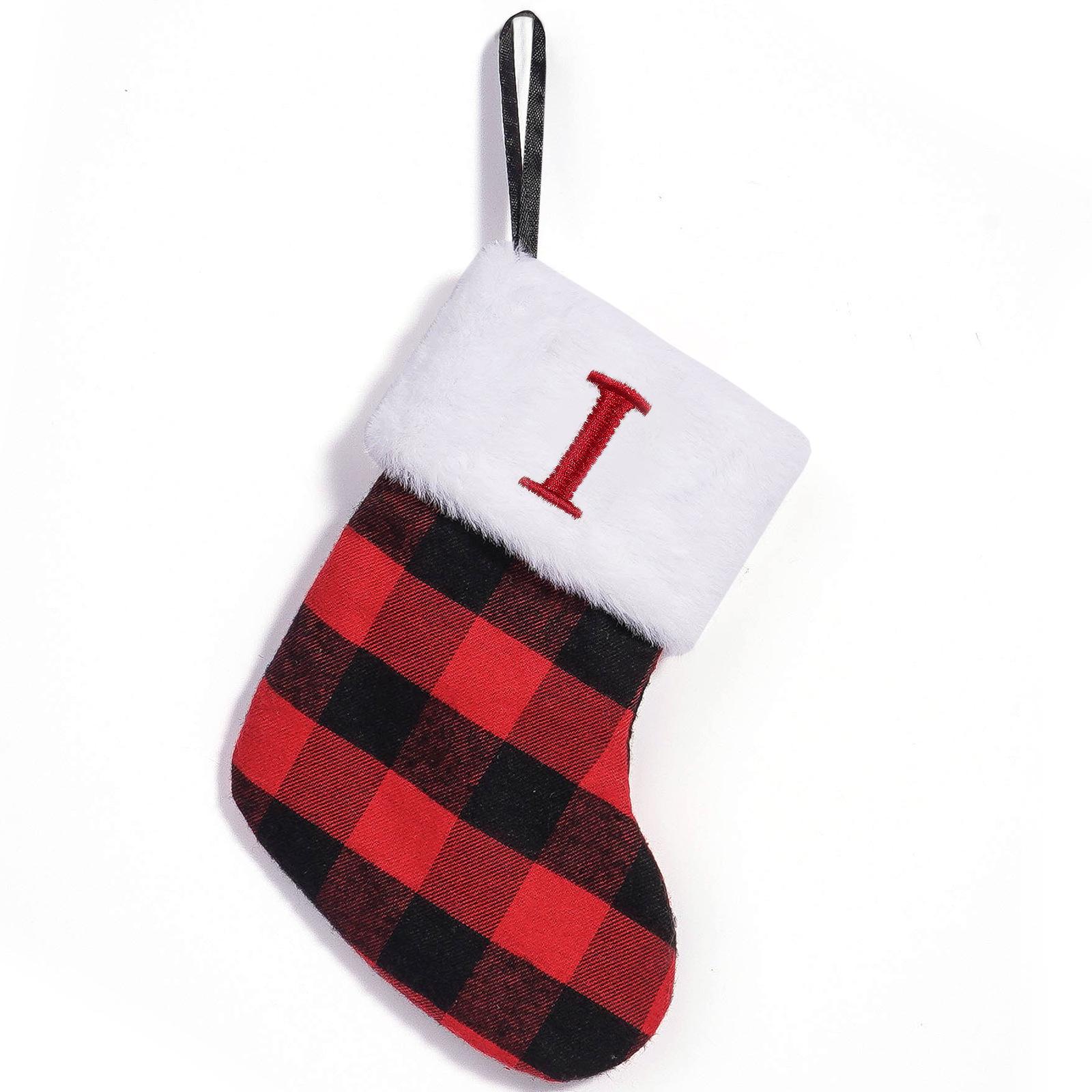 Red Black Plaid Christmas Stocking with Letter Embroidery - Small Sock Pendant Candy Bag Ornament