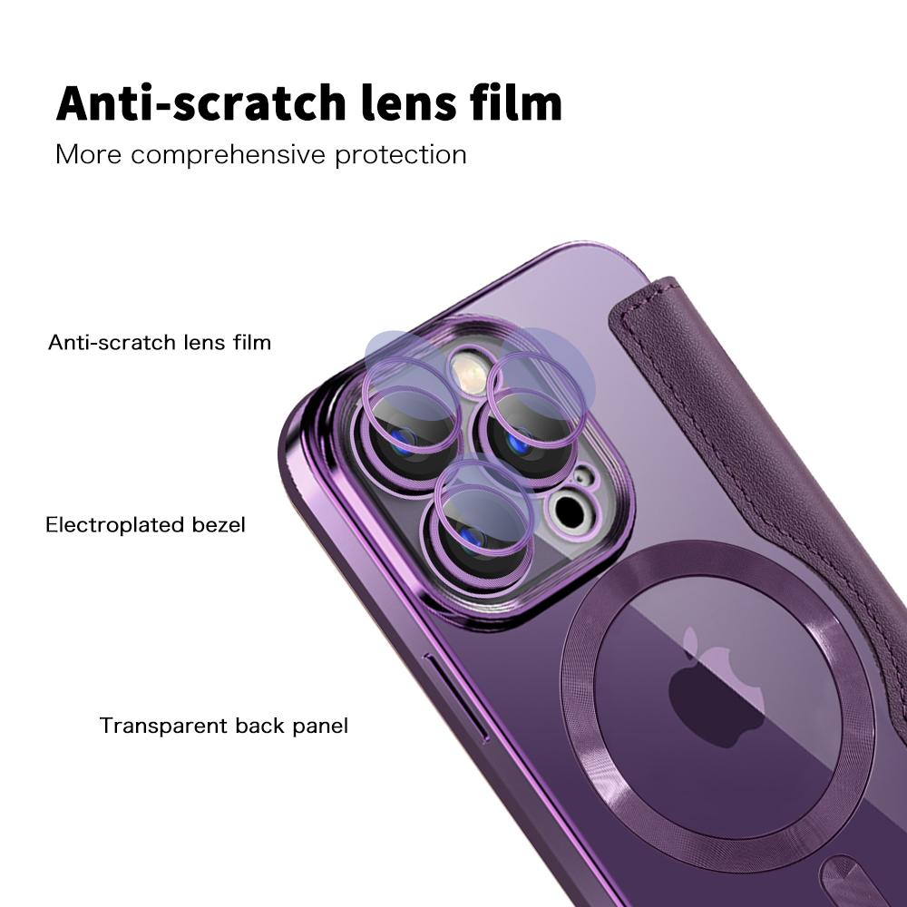 For iPhone 15 Pro RFID Blocking Built-in Lens Film Phone Case Card Holder Leather Cover Compatible with MagSafe