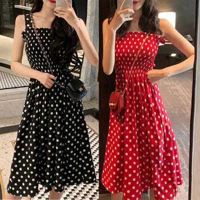 Spring and Summer Suspender Skirt Women's Mid-length Polka Dot One-shoulder Red Dress Summer Fairy Bottoming Skirt