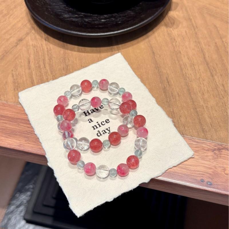 Natural Pink Strawberry Quartz Clear White Crystal Beaded Bracelet Women Handmade Single Circle 9mm