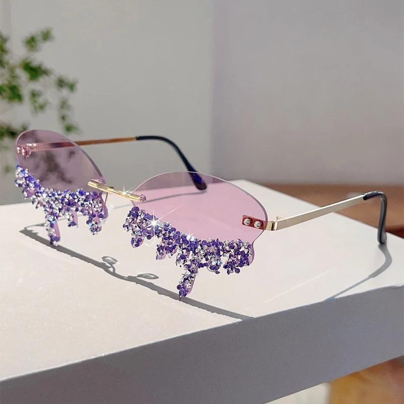Rimless Tear Shaped Sunglasses with Rhinestones Women Fashion Decorative Shades Trendy Stylish Design Rave Sun Glasses