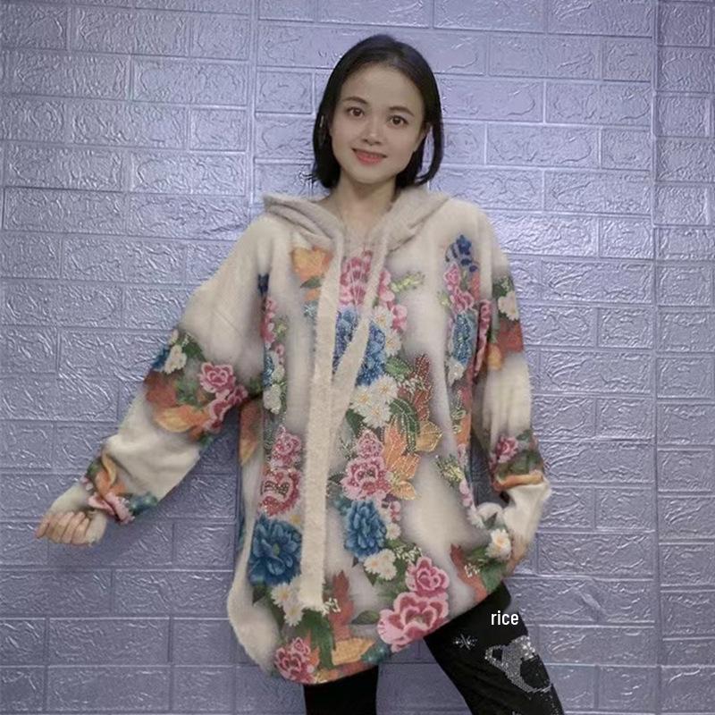 Spring 2026 Printed Hooded Knit Mom-Style Pullover Sweater