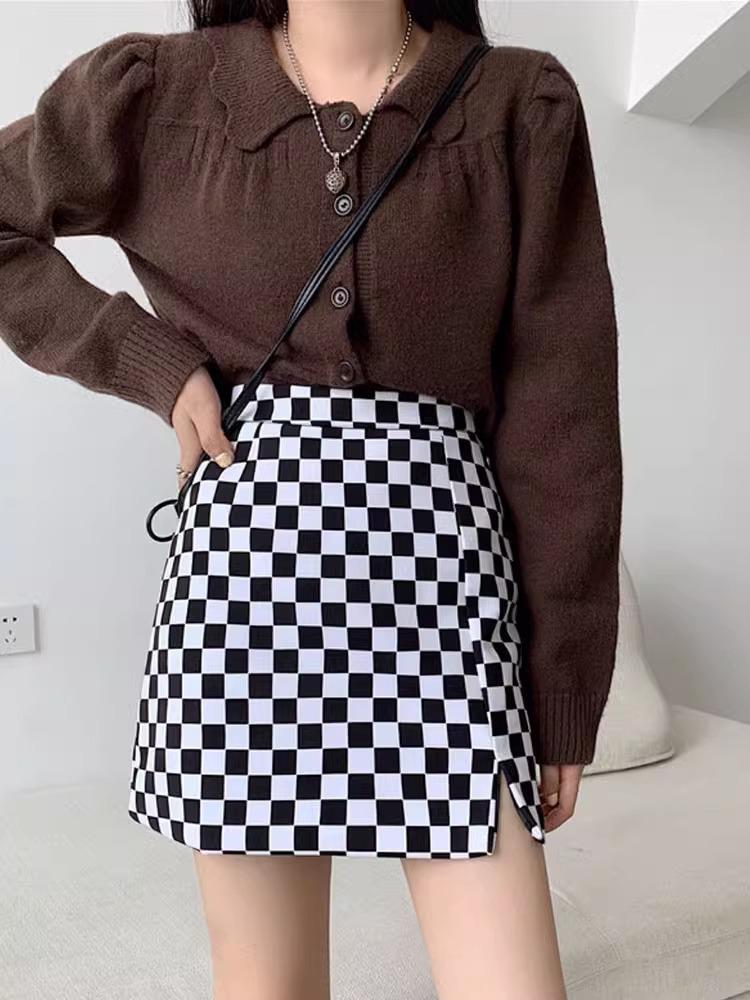 Falda de Cuadros a Cuadros de Cintura Alta Slim A-Line para Mujer Primavera 2024