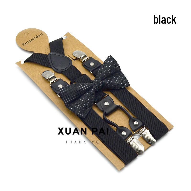 Adult Unisex 4-Clip Elastic Suspenders & Bow Tie Set, Non-Slip, Solid Color, 2.5cm
