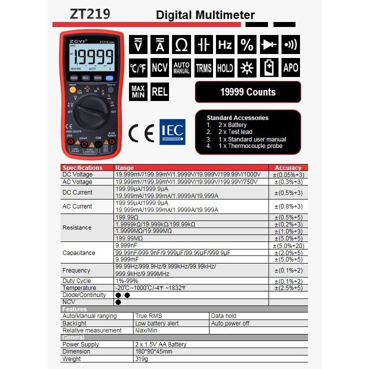 ZOYI ZT219 Digital multimeter 19999 Counts True RMS automotive electrical Transistor Capacitor NCV tester Professional meter