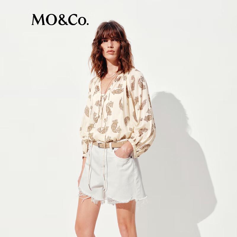 MO&Co. 5A+ Mulberry Silk Blend Paisley Print Puff Sleeve V-Neck Top
