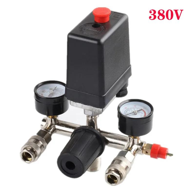 Air Compressor Pump Pressure Control Switch 4 Port 220V/380V Manifold Relief Regulator 30-120PSI Control Valve with Gauge