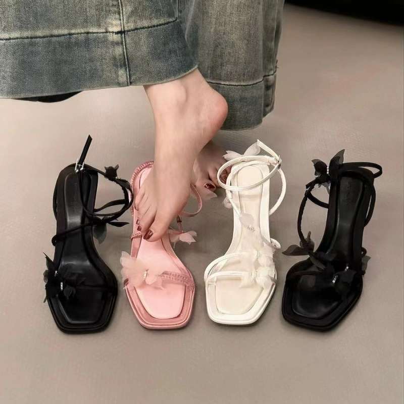 Temperament Bow Strap High Heels Female 2025 Summer New Square Head One-word Strap Stiletto Roman Sandals Fairy