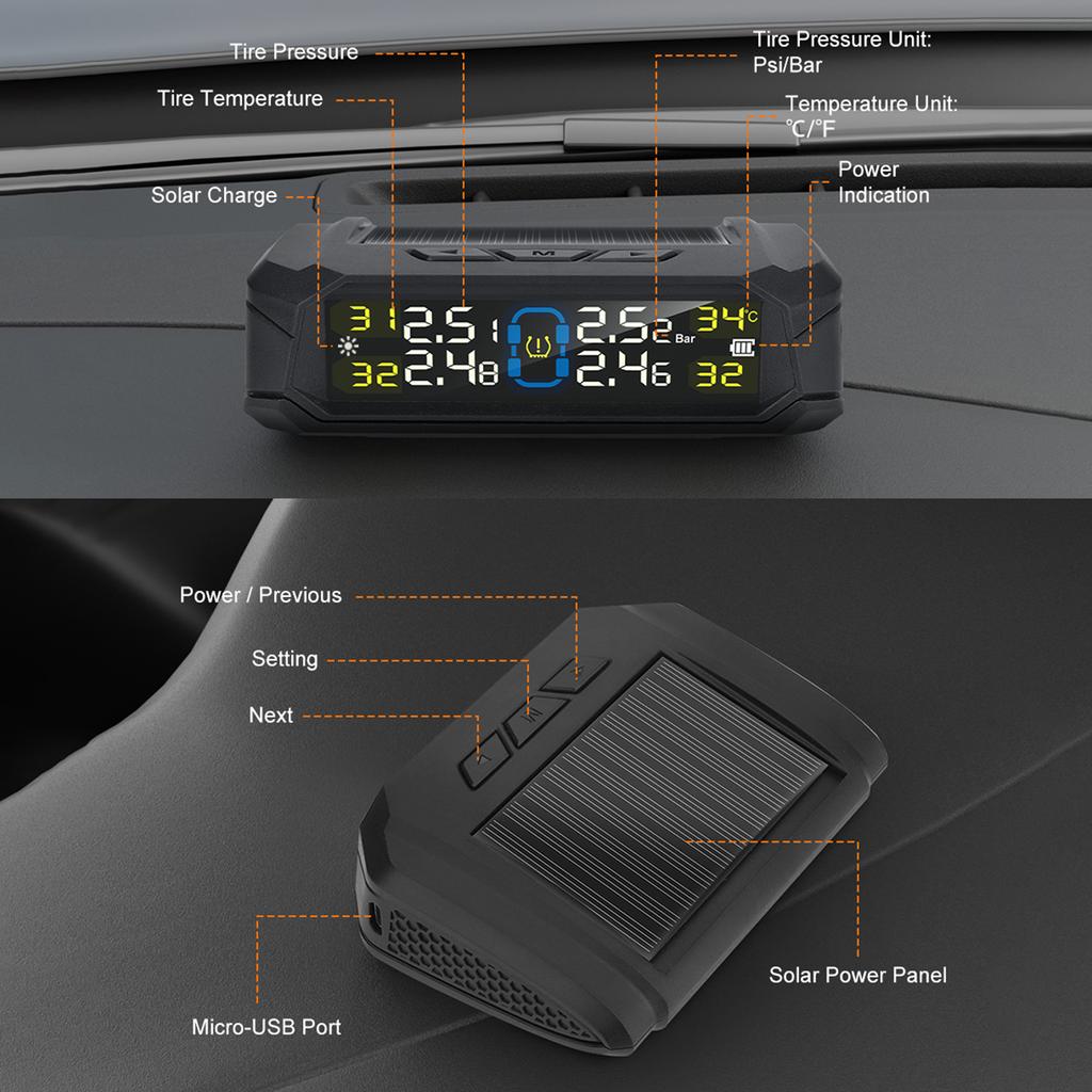 Tire Pressure Monitoring System, Wireless Solar Tire Pressure Monitor System with LCD Display, 6