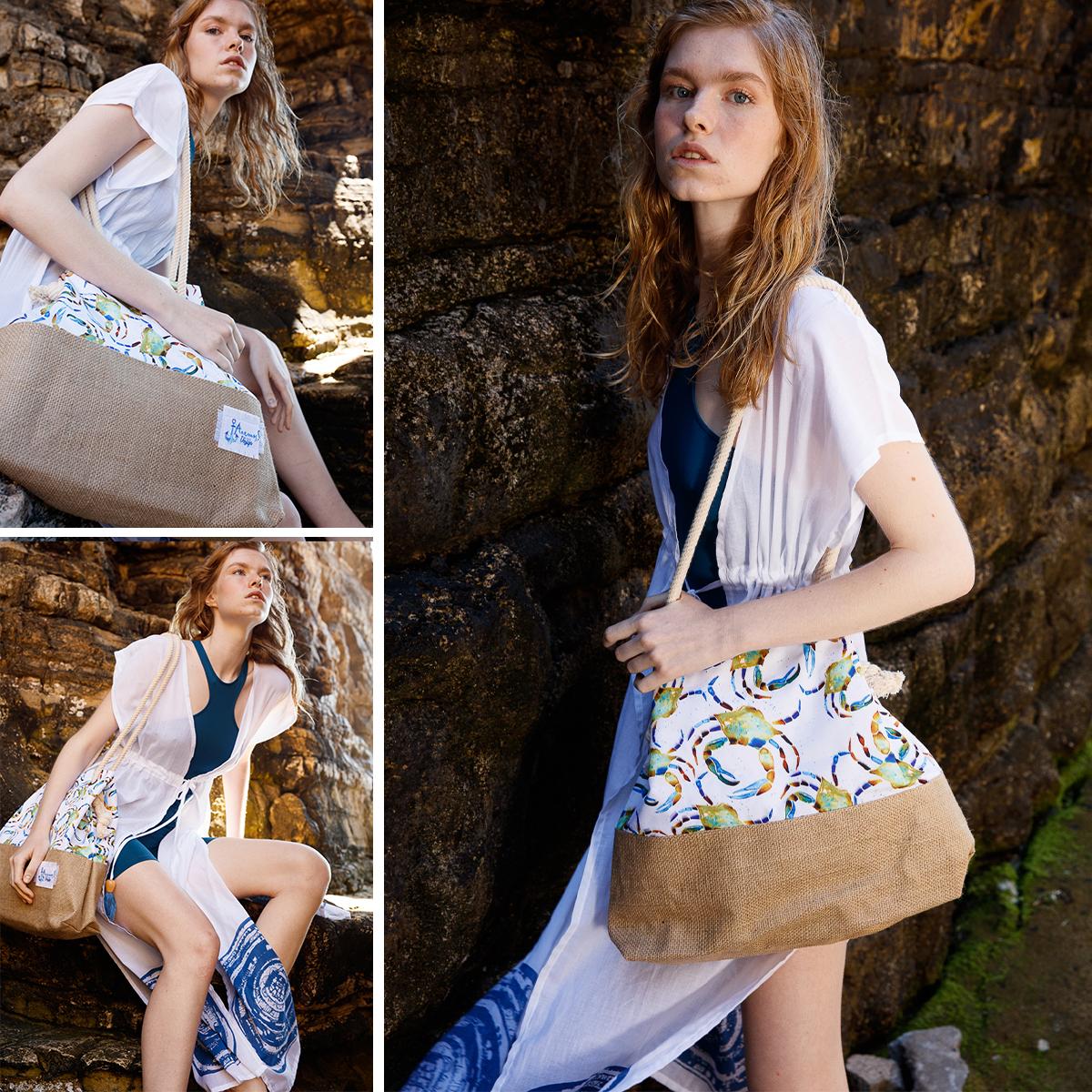 

AnemosS Colorful Crap Patterned Beach Bag, Six Jute Over Polyester Fabric, Special Design Blue White Bag, 37 x 40 cm / 14.56 x 15.74 in