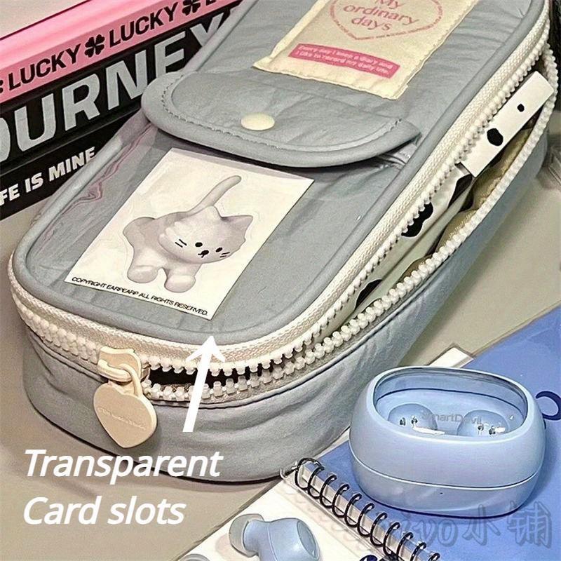 Cute Japanese Ins Small Fresh Simple Pencil Case Art Retro Large Capacity Girl Pen Bag with Clear Card Pocket Heart Shape Zipper