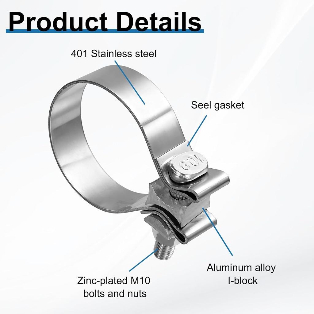 HARFINGTON 410 Stainless Steel Exhaust Clamp 2.48" Butt Joint Narrow Band Muffler Seal Exhaust Narrow Lap Butt Clamps for Pipes Muffler Converters
