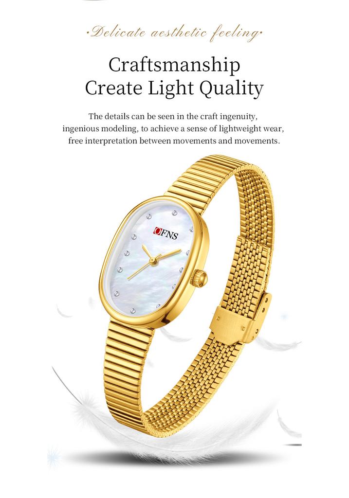 Fashion Ofns Women's Fashion Luxury Pearl Mother Of Dial Diamond Dot Oval Quartz Waterproof Light Dress Watch For Girlfriend Gif