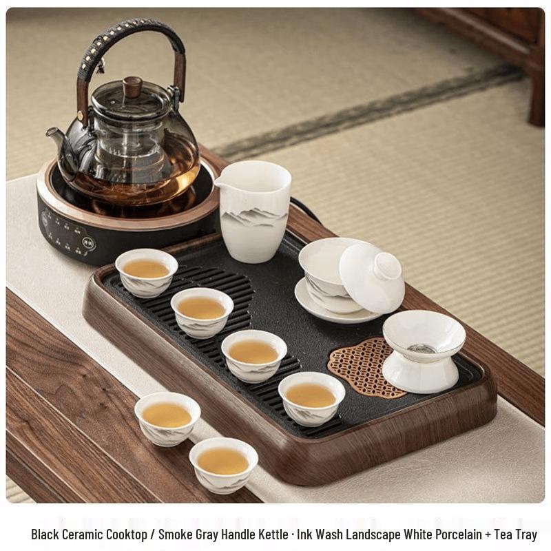 Ink Wash Style Tea Set with Black Ceramic Stove