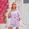 Pijamas de Algodão Casuais para Dormir para Mulheres Conjuntos Terno Gola Virada Manga Sete Quartos Tops de Dormir Shorts Roupa de Casa Feminina