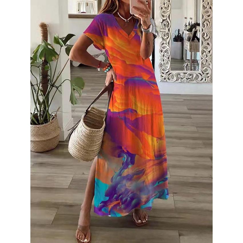 Fashion V Neck Split Loose Beach Dress Retro Pattern Print Women Long Dress Summer Elegant Short Sleeve Maxi Dress