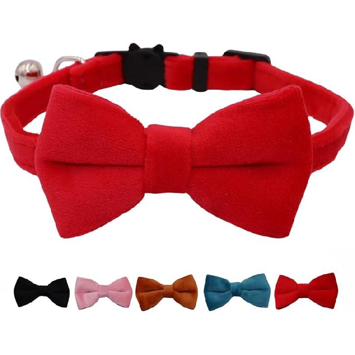 Cat Collar Breakaway with Bell and Removable Bow Tie Safety Buckle Velvet Adjustable 7-11 inches for Kitten Cats (Red)