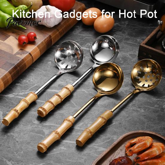 Heat Resistant Bamboo Handle Spoons Stainless Steel Hot Pot Spoon/Colander, Handles Comfortable Grip Soup Spoon, Easy Cleaning Mirror Polished Serving