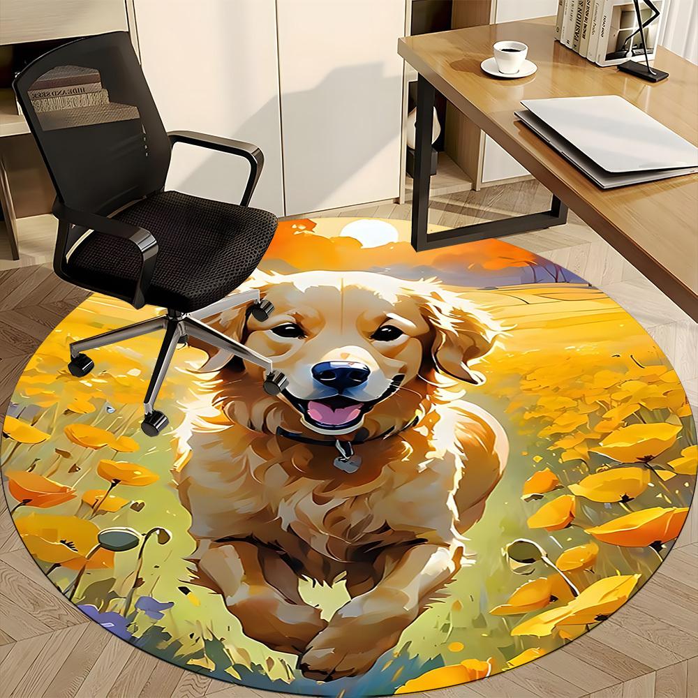 1pc Dog Golden Retriever Flowers Office Round Area Rug, Mat Suitable ForOffice, Under Office Chairs Bedroom Living Room Home Decor, Room Deco