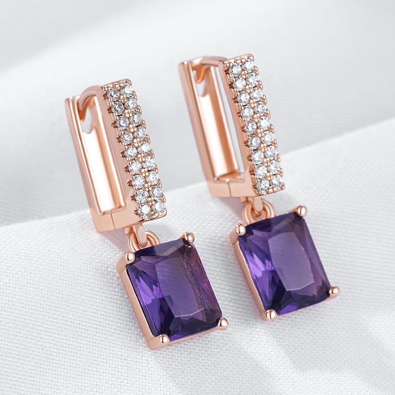 Shiny Purple Square Natural Zircon Drop Earrings For Women Fashion Rose Gold Color Vintage Party Daily Jewelry