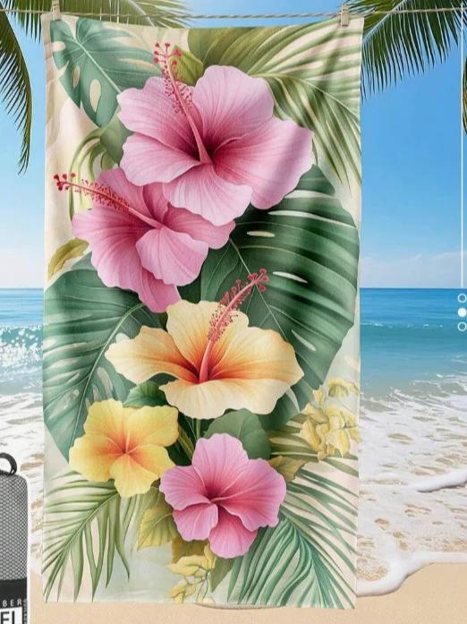 Vibrant Tropical Hibiscus Flower Beach Towel Large Soft Absorbent Towel Colorful Hibiscus Monstera Palm Leaves Print Towel 50X100cm &1pc