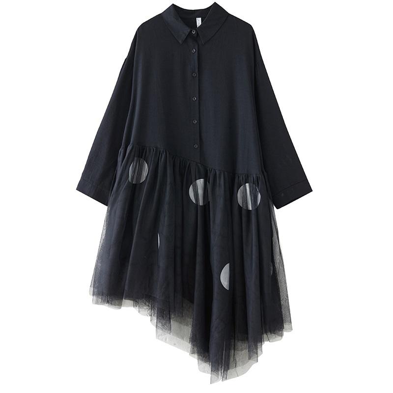 Robe chemise à manches longues grande taille en coton noir à pois vintage, nouvelle collection, robes pour femmes, décontractée ample, printemps automne