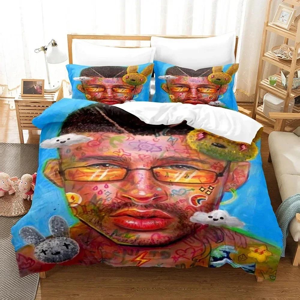 Set Copripiumino Stampa 3D Bad Bunny Un Verano Sin Ti Set Biancheria da Letto Pittura su Tela alla Moda Set Copripiumino Matrimoniale